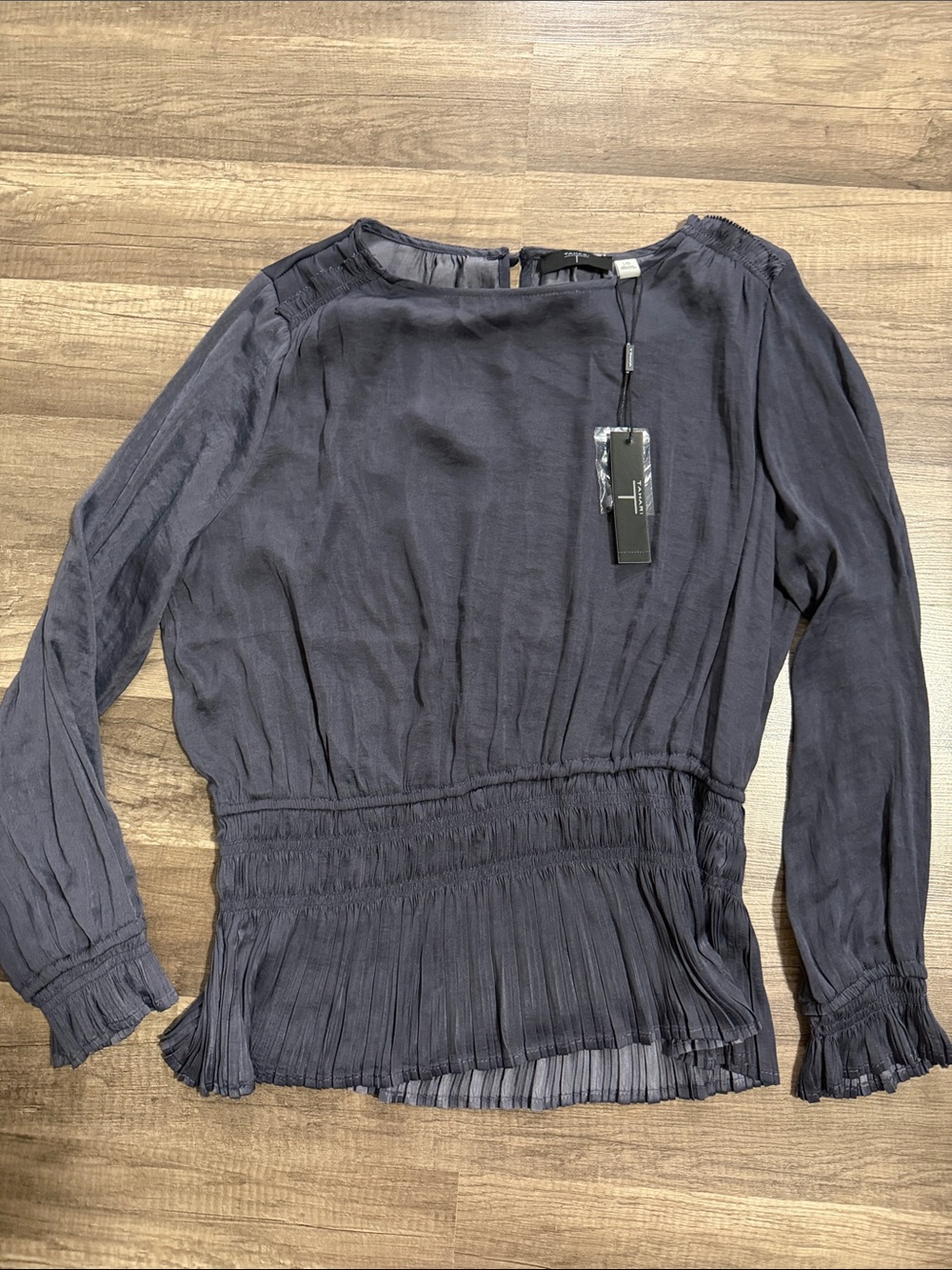 Tahari Navy Smocked-Waist Long-Sleeve Blouse